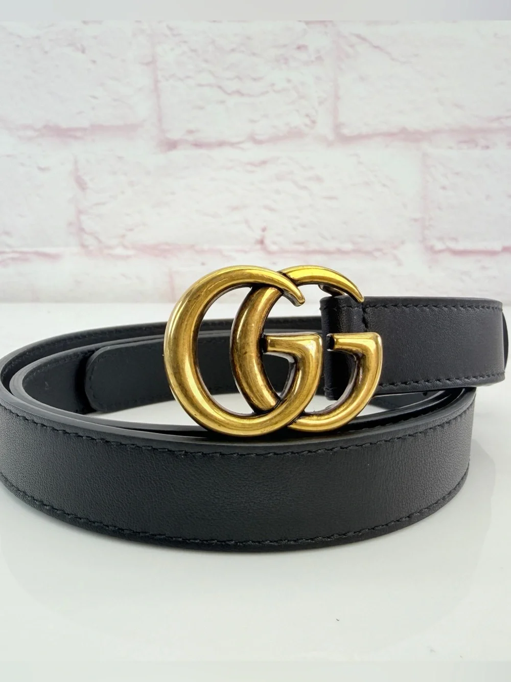 Gucci Gg Marmont Slim Black Leather Double G Belt Gold Buckle 409417 85/34